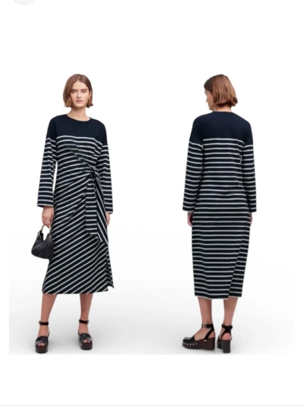 Madewell Black and White Striped Midi Dress with Side Tie